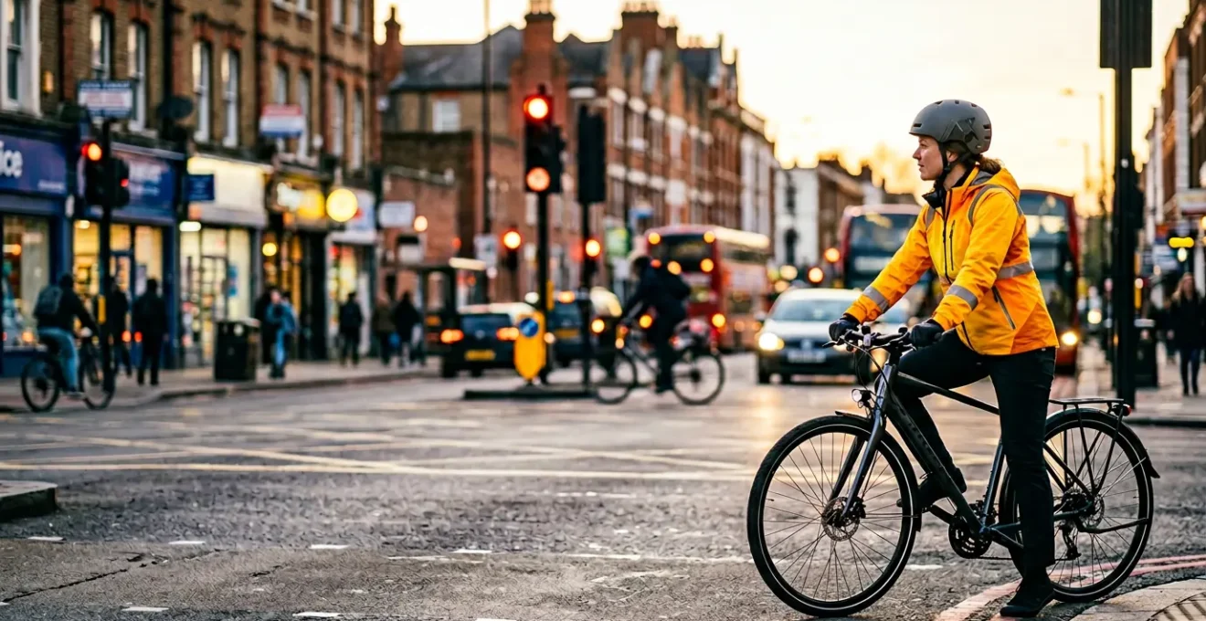 Urban cyclist navigating busy city junction with modern protective helmet technology for commuter safety