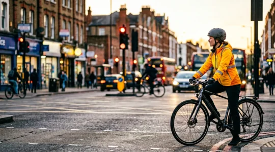 Urban cyclist navigating busy city junction with modern protective helmet technology for commuter safety