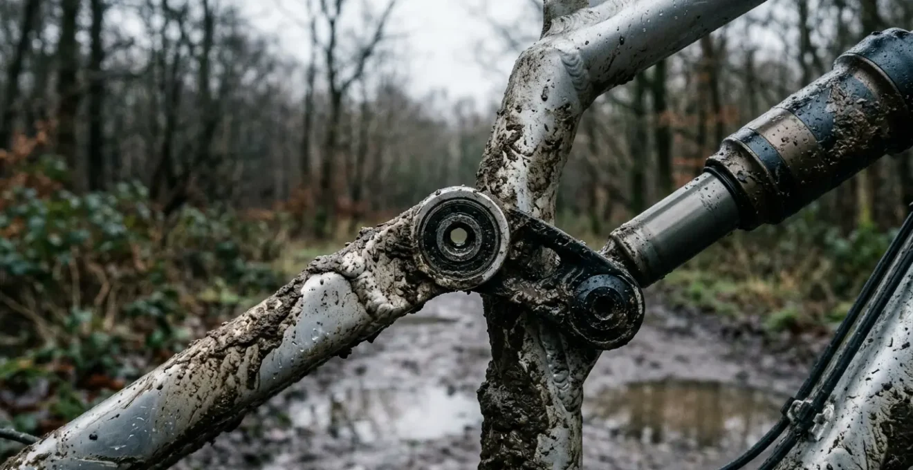 Mountain bike suspension linkage covered in wet mud during UK winter conditions