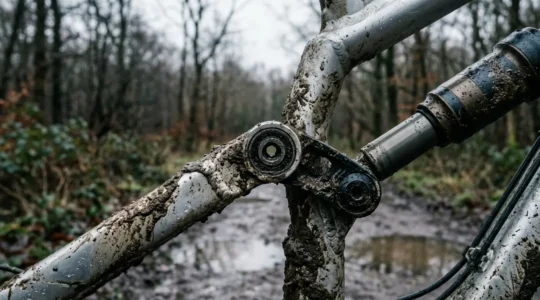 Mountain bike suspension linkage covered in wet mud during UK winter conditions