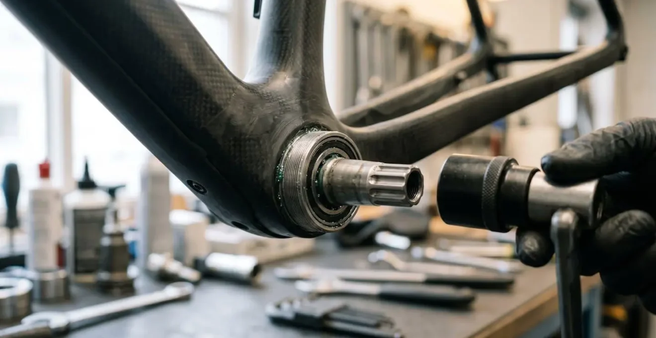 Close-up view of a bicycle bottom bracket shell and crank assembly in a professional workshop setting