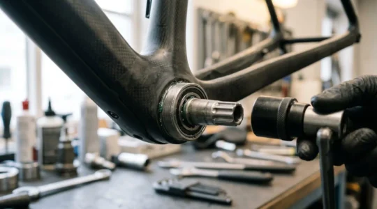 Close-up view of a bicycle bottom bracket shell and crank assembly in a professional workshop setting