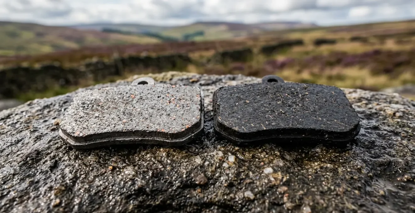 Close-up comparison of mountain bike disc brake pads showing material texture and wear patterns in challenging terrain