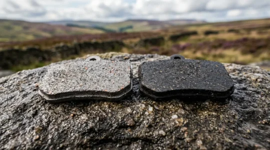 Close-up comparison of mountain bike disc brake pads showing material texture and wear patterns in challenging terrain