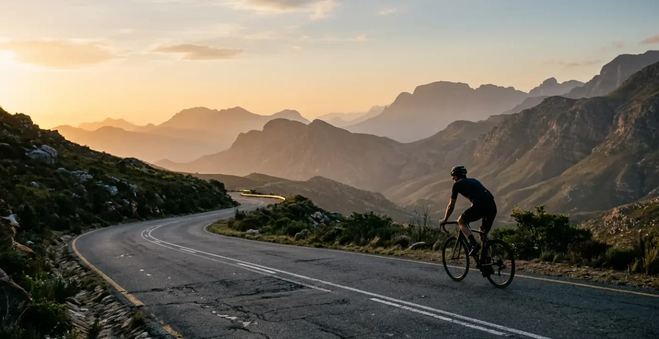Solo cyclist experiencing flow state on a winding mountain road during golden hour