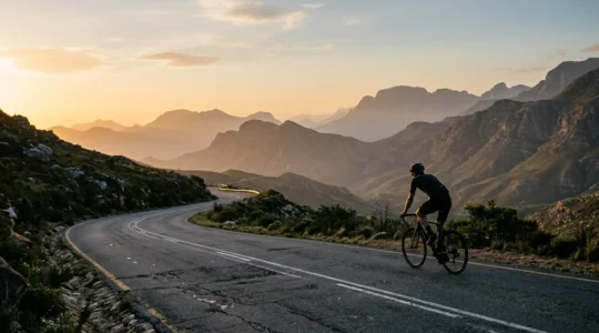 Solo cyclist experiencing flow state on a winding mountain road during golden hour