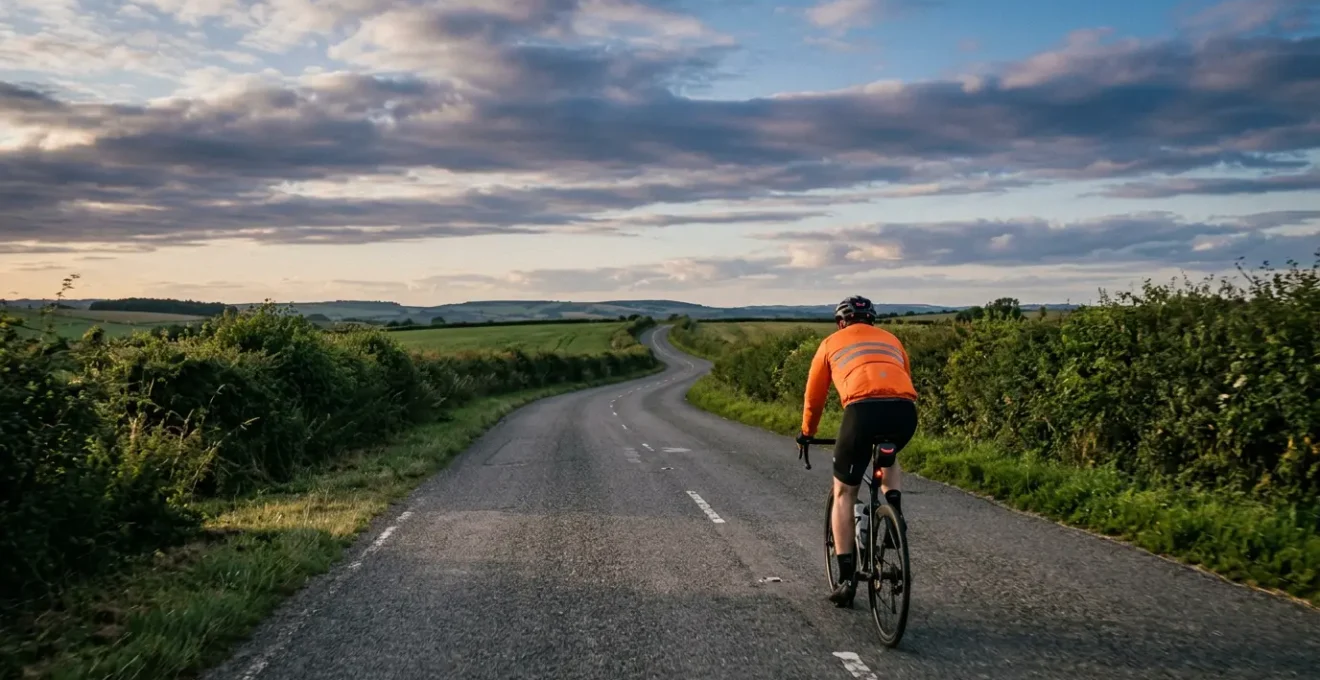 Solo cyclist on rural road with rear-mounted radar device under dramatic sky