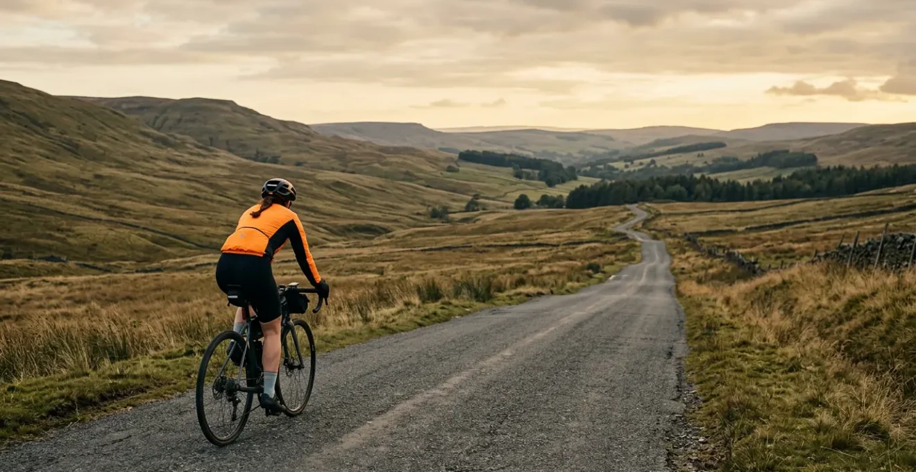 Cyclist riding through remote countryside with visible safety technology