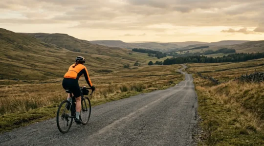 Cyclist riding through remote countryside with visible safety technology
