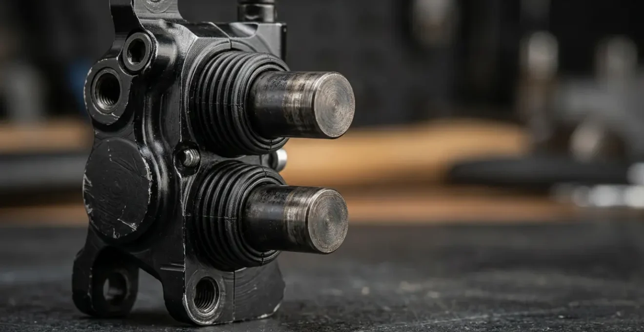 Close-up diagnostic view of hydraulic bicycle brake caliper with technical precision