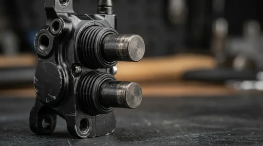 Close-up diagnostic view of hydraulic bicycle brake caliper with technical precision