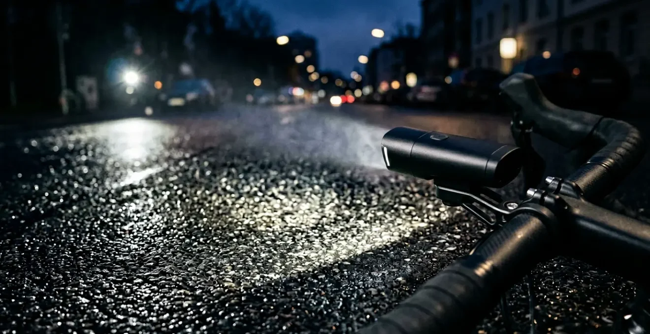 Close-up of StVZO bike light creating precise horizontal cut-off beam pattern on dark road surface at night