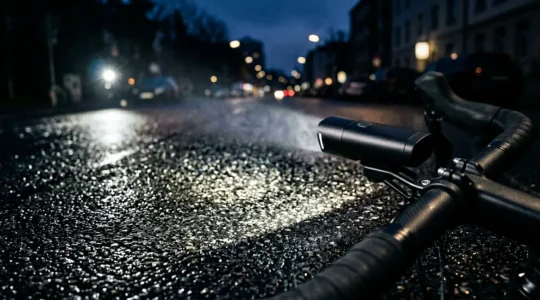 Close-up of StVZO bike light creating precise horizontal cut-off beam pattern on dark road surface at night
