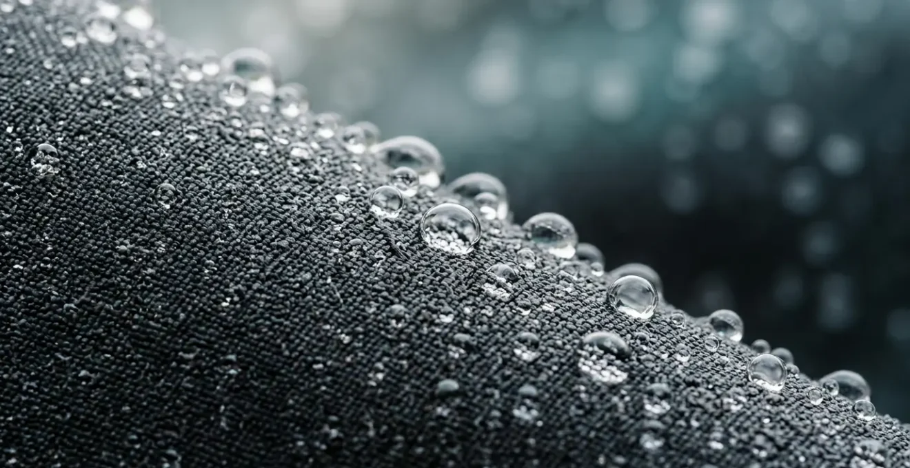 Close-up detail of water droplets beading on technical cycling jacket fabric showing DWR coating performance