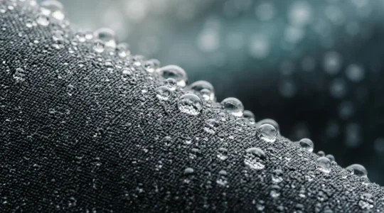 Close-up detail of water droplets beading on technical cycling jacket fabric showing DWR coating performance