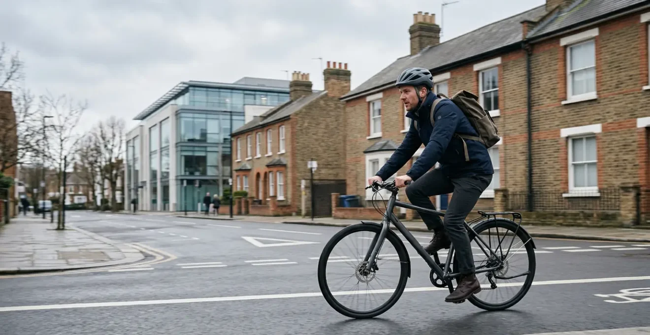 Professional British commuter cycling through urban environment representing financial savings through UK Cycle to Work scheme