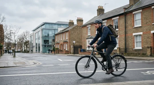 Professional British commuter cycling through urban environment representing financial savings through UK Cycle to Work scheme