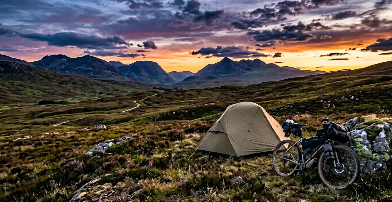 A bikepacker camping beside their loaded bicycle under dramatic twilight sky in remote Scottish wilderness