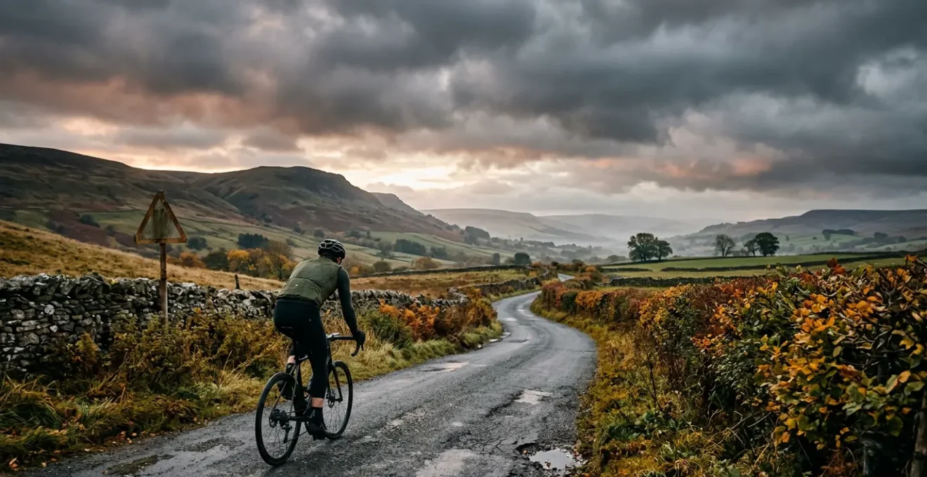 Cyclist wearing windproof gilet riding through British countryside on autumn morning