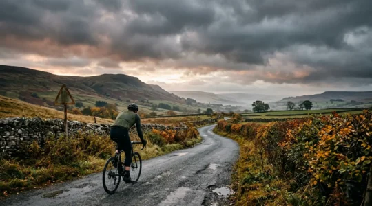Cyclist wearing windproof gilet riding through British countryside on autumn morning