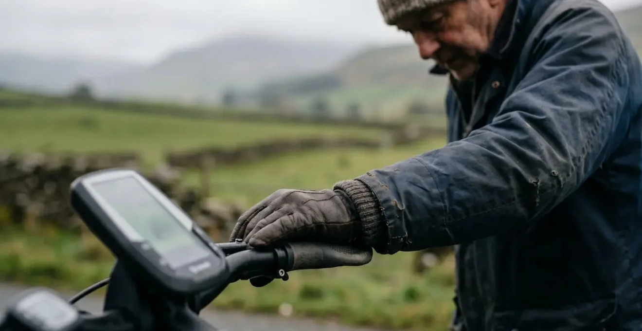 Electric bike battery display showing depleted charge level in outdoor British countryside setting