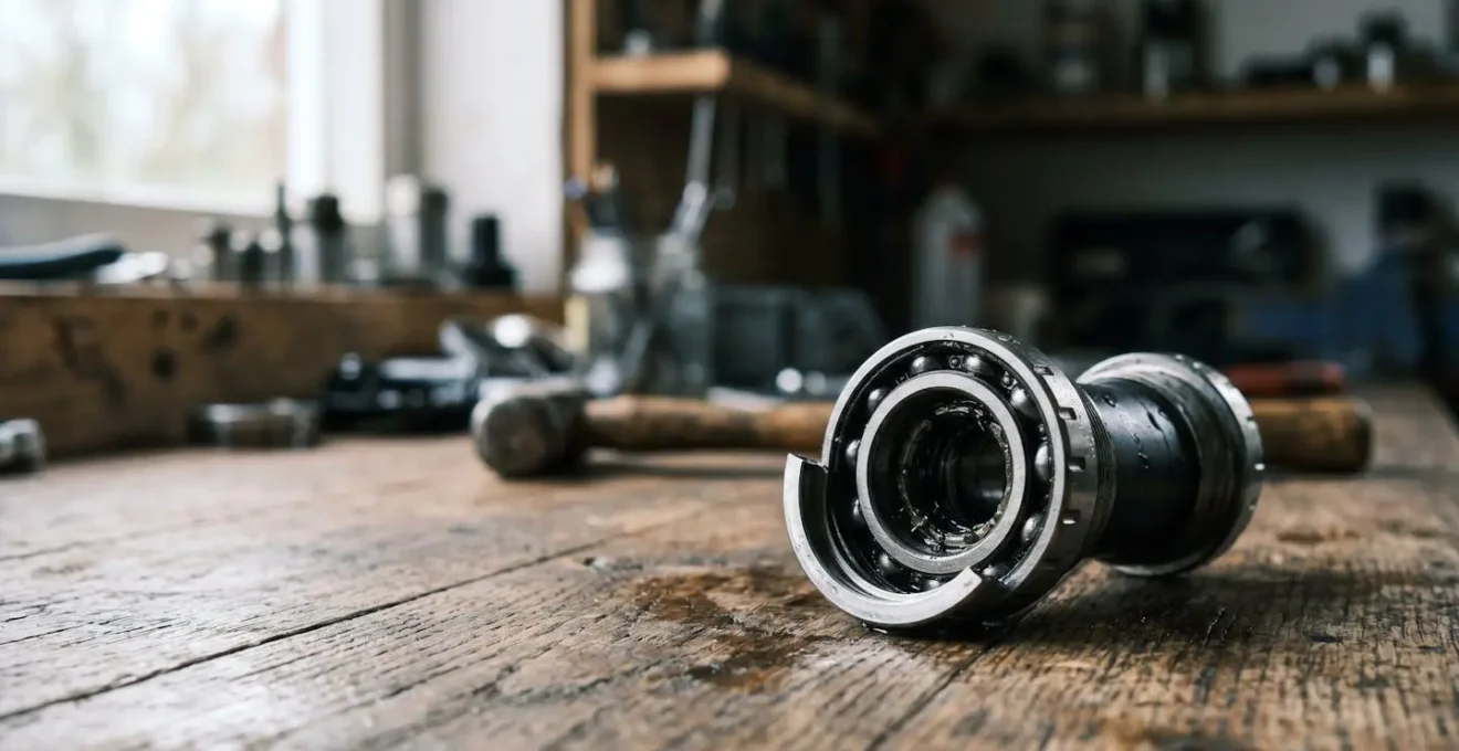 Extreme macro photograph of bicycle bearing showing individual steel balls and race surface detail