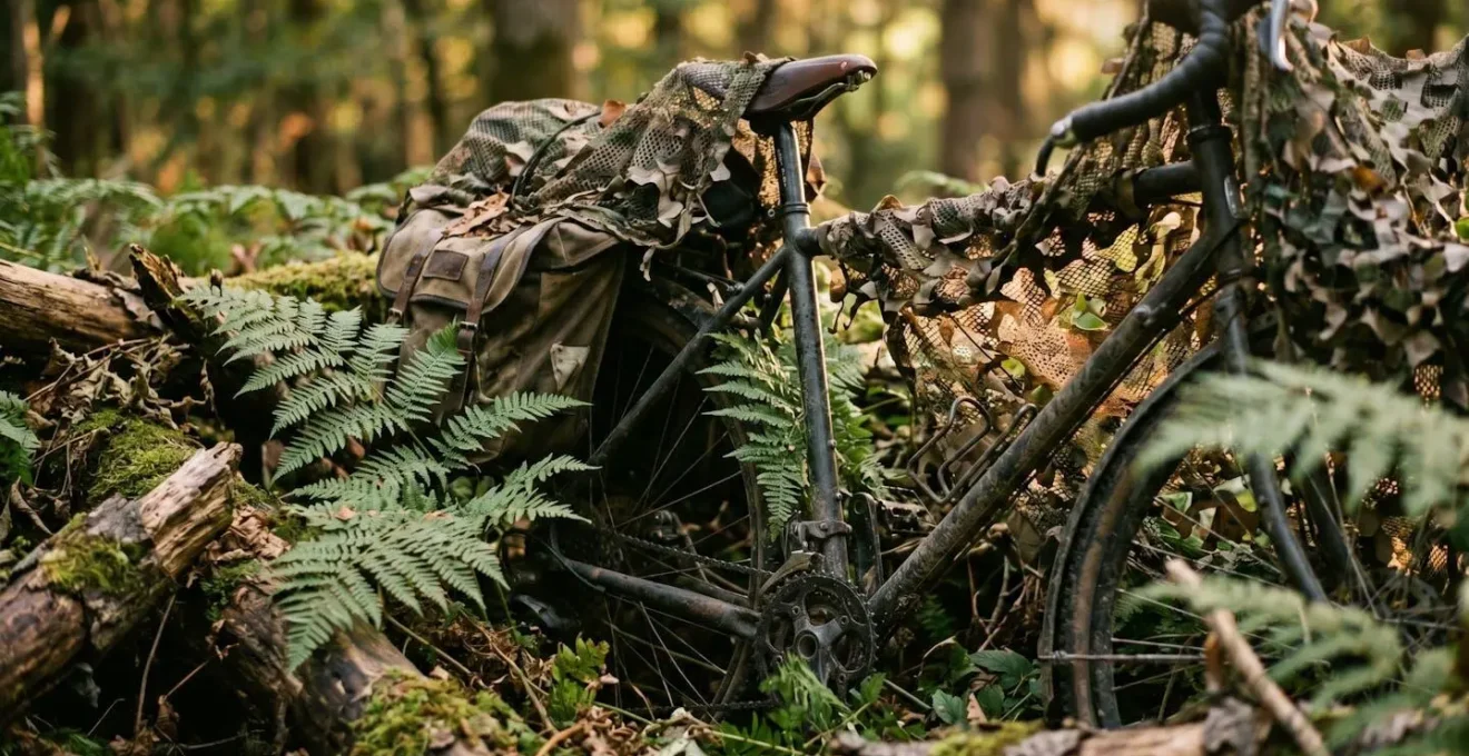 Close-up of a touring bicycle partially concealed behind natural woodland features at dusk