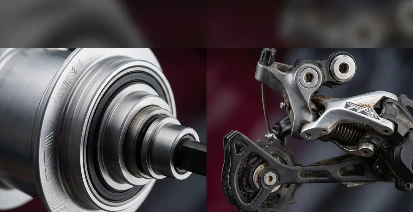 Close-up of sealed internal gear hub mechanism contrasted with exposed derailleur system