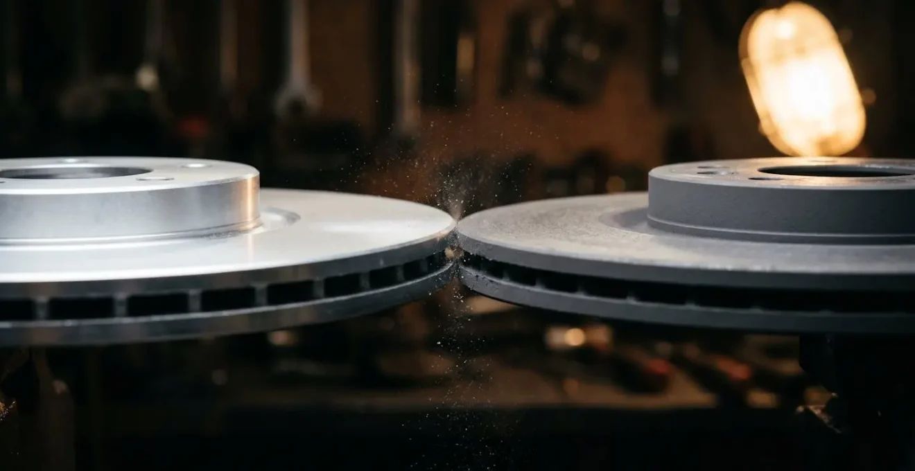 Extreme close-up showing the heat-conditioned transfer layer between brake pad and rotor surface during bed-in process