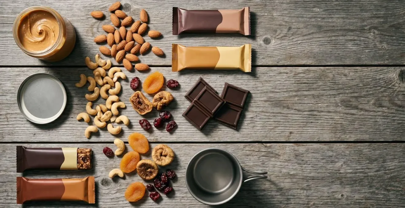 Overhead flat lay of high-calorie bikepacking foods arranged on natural wooden surface