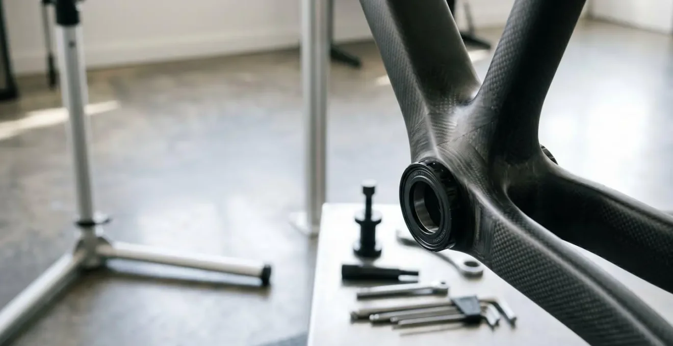 Environmental wide-angle view of carbon fiber frame junction showing bearing bore tolerance challenges