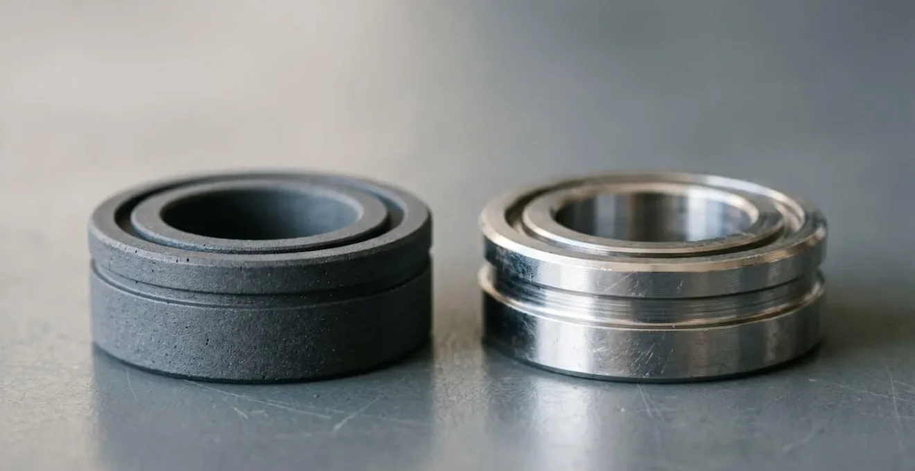 Macro detail comparison showing surface textures of ceramic and steel brake pistons