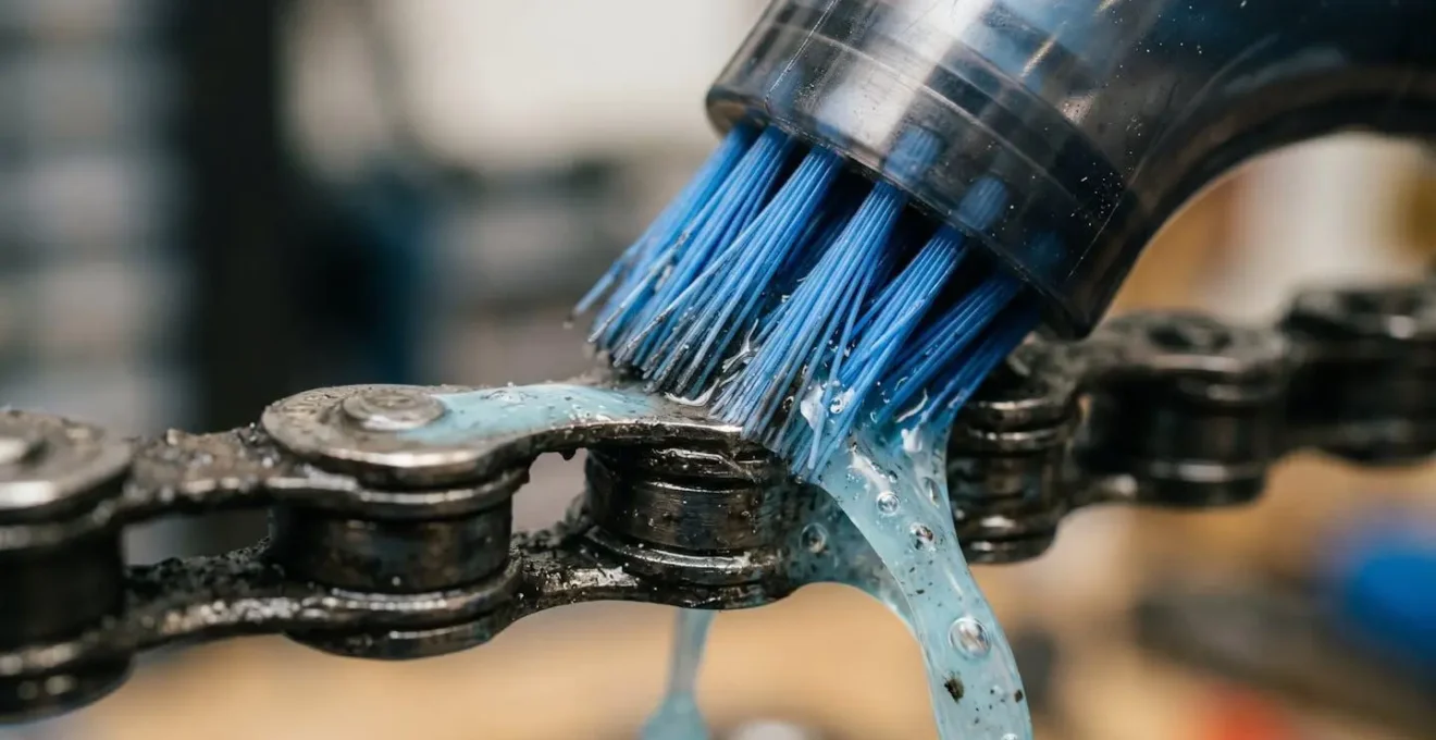 Macro photograph of chain scrubber rotating brushes forcing degreaser into chain roller pins and internal mechanisms