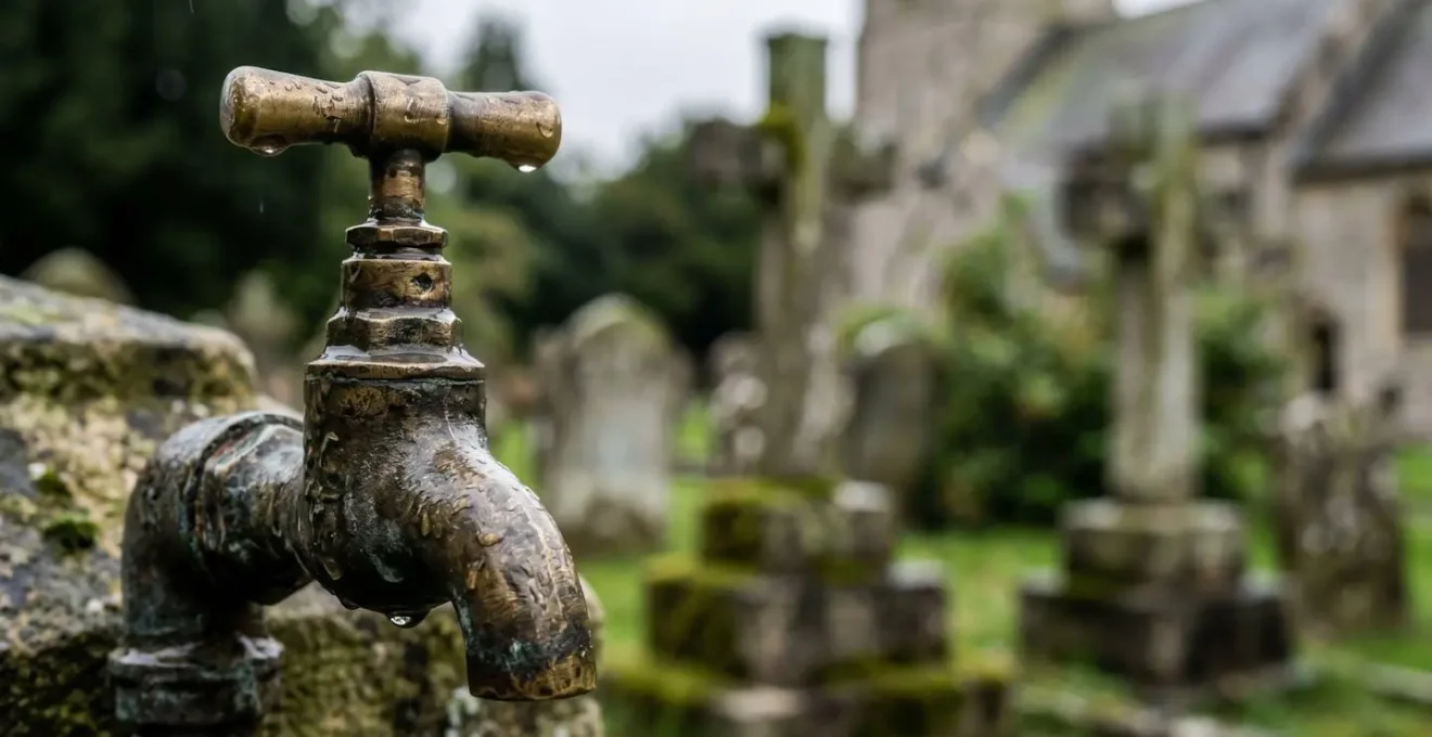 Close-up of traditional water tap in British church graveyard surrounded by stone monuments