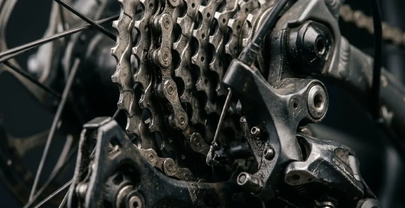 Close-up macro photograph of bicycle drivetrain showing compact crankset and cassette gearing system