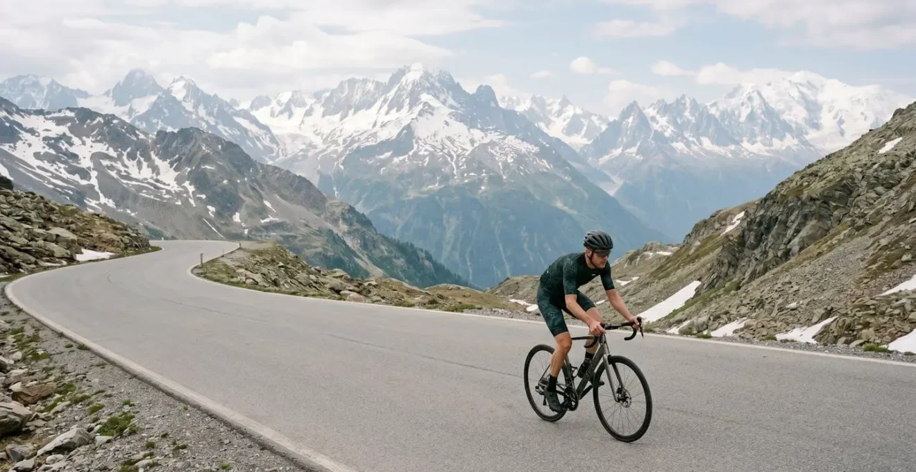 Wide environmental shot of solo cyclist ascending steady alpine gradient with expansive mountain landscape and negative space
