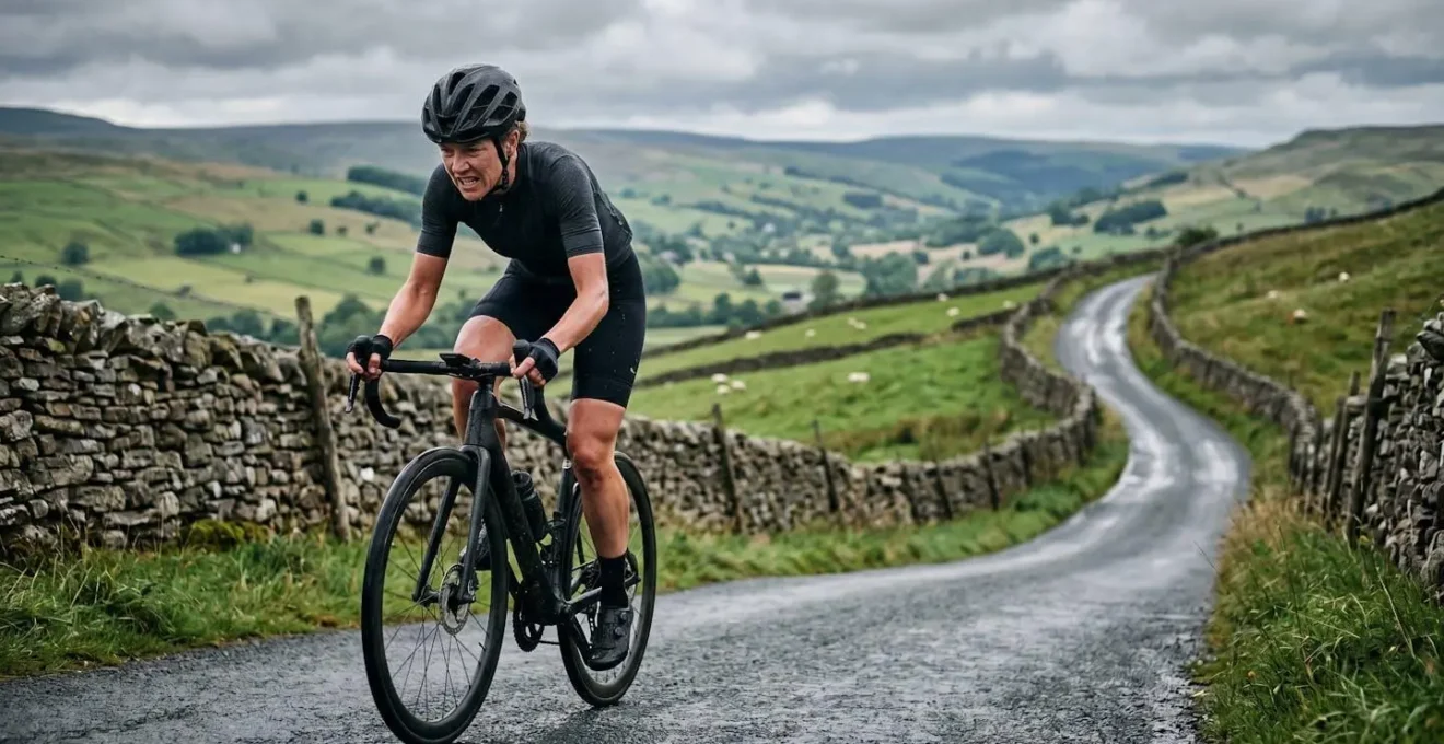 Cyclist ascending challenging gradient with UK countryside hills in background