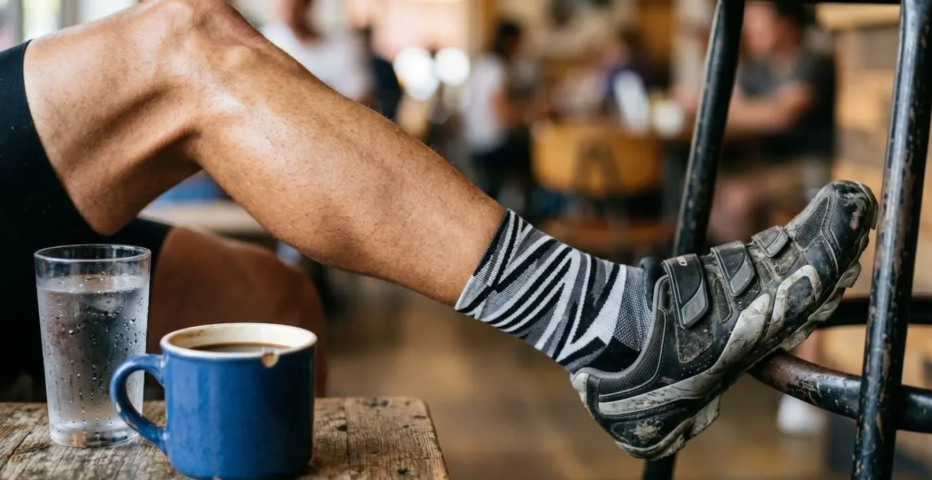 Close-up of cyclist's legs and coffee cup during rest break