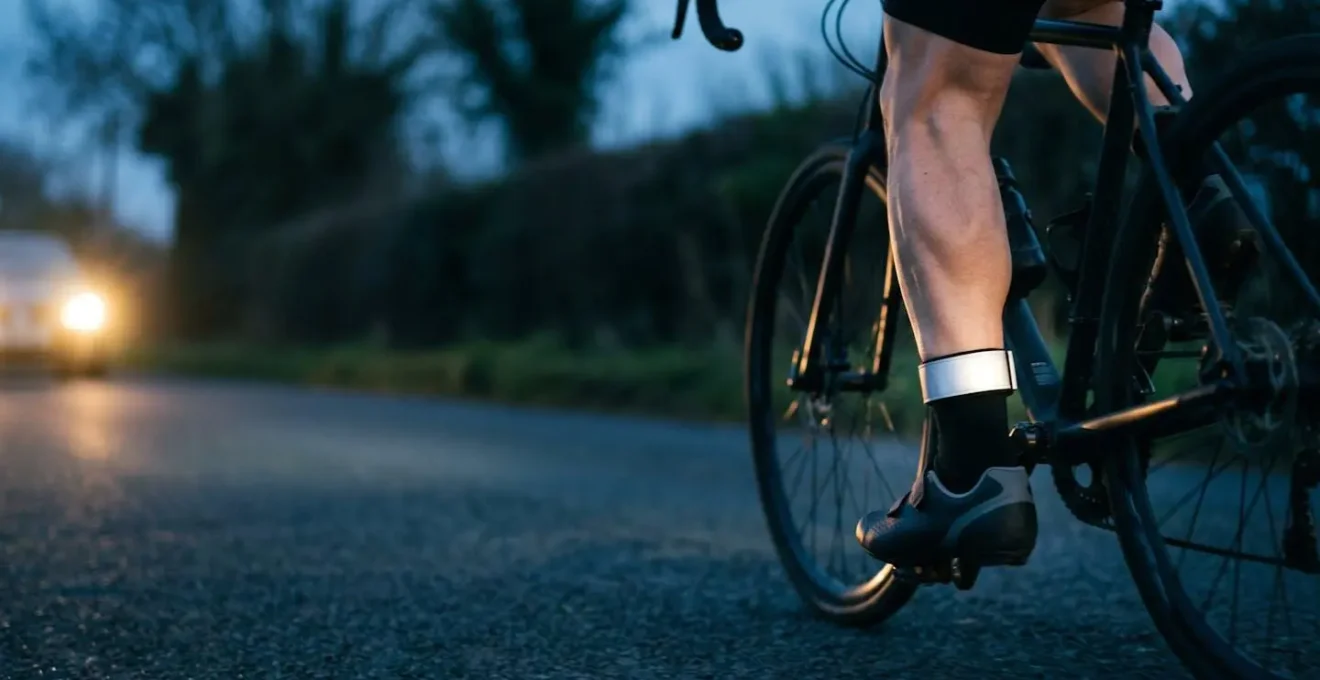 Close-up of cyclist's ankle and pedaling motion showing reflective bands catching light against dark country lane background at dusk
