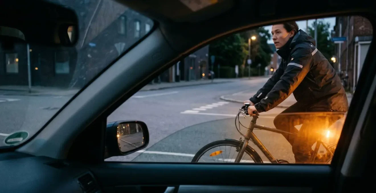 Cyclist approaching T-junction at night with amber side-visibility light illuminating profile from driver perspective