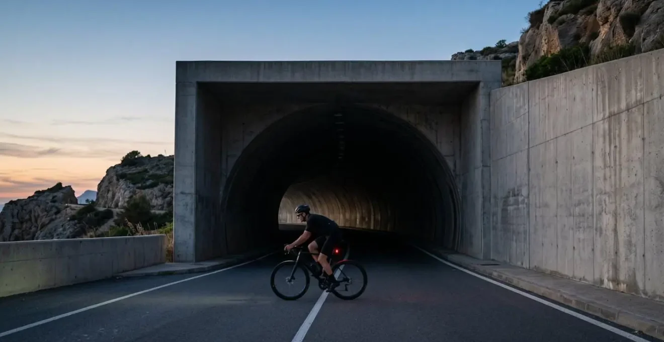 Wide environmental shot of a lone cyclist entering a dark tunnel at dusk, ambient light sensor technology activating bike lights as daylight fades