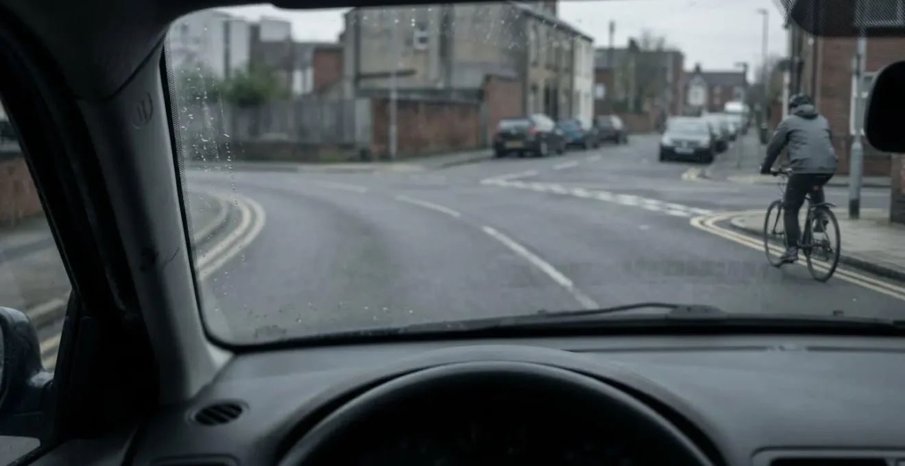 Driver's view through windscreen at junction showing cyclist in peripheral vision zone
