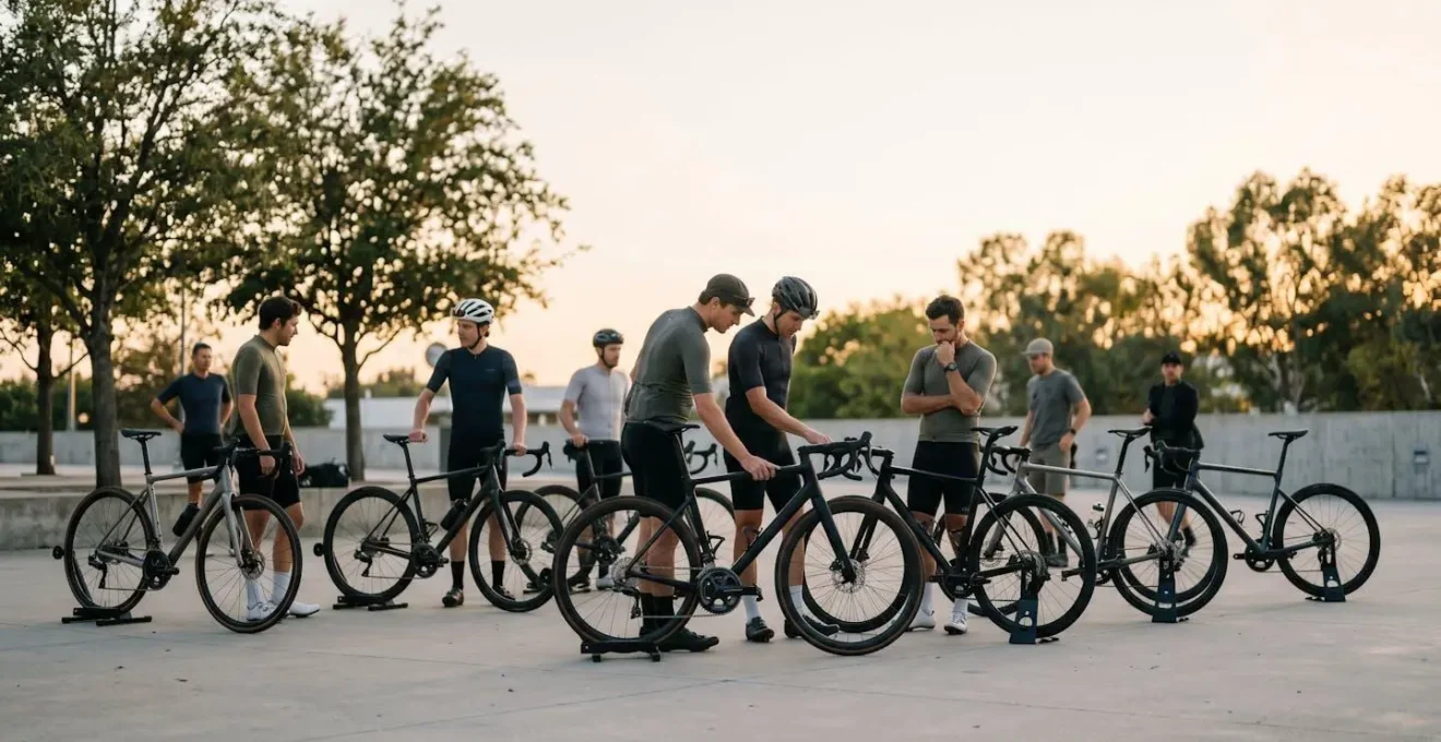 Wide angle view of cyclists examining premium road bikes at outdoor secondhand marketplace with natural afternoon light