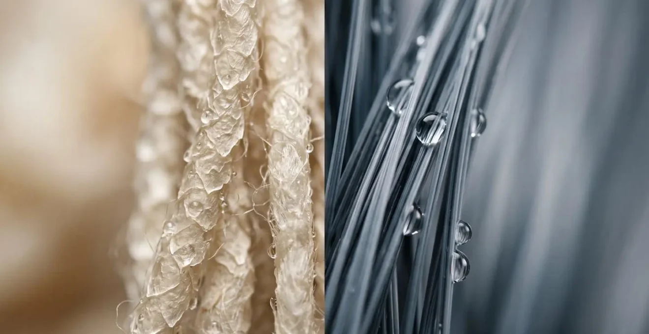 Extreme close-up of moisture droplets on textile fibers showing wicking action
