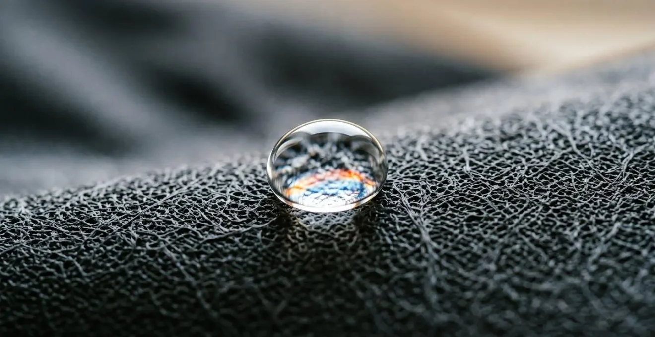 Macro detail of exposed waterproof membrane surface showing microporous structure and water beading characteristics