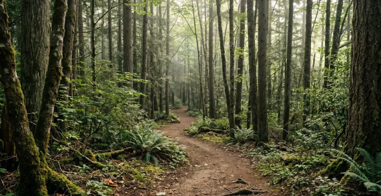 Wide environmental shot of forest trail winding through dense woodland, emphasizing natural surroundings