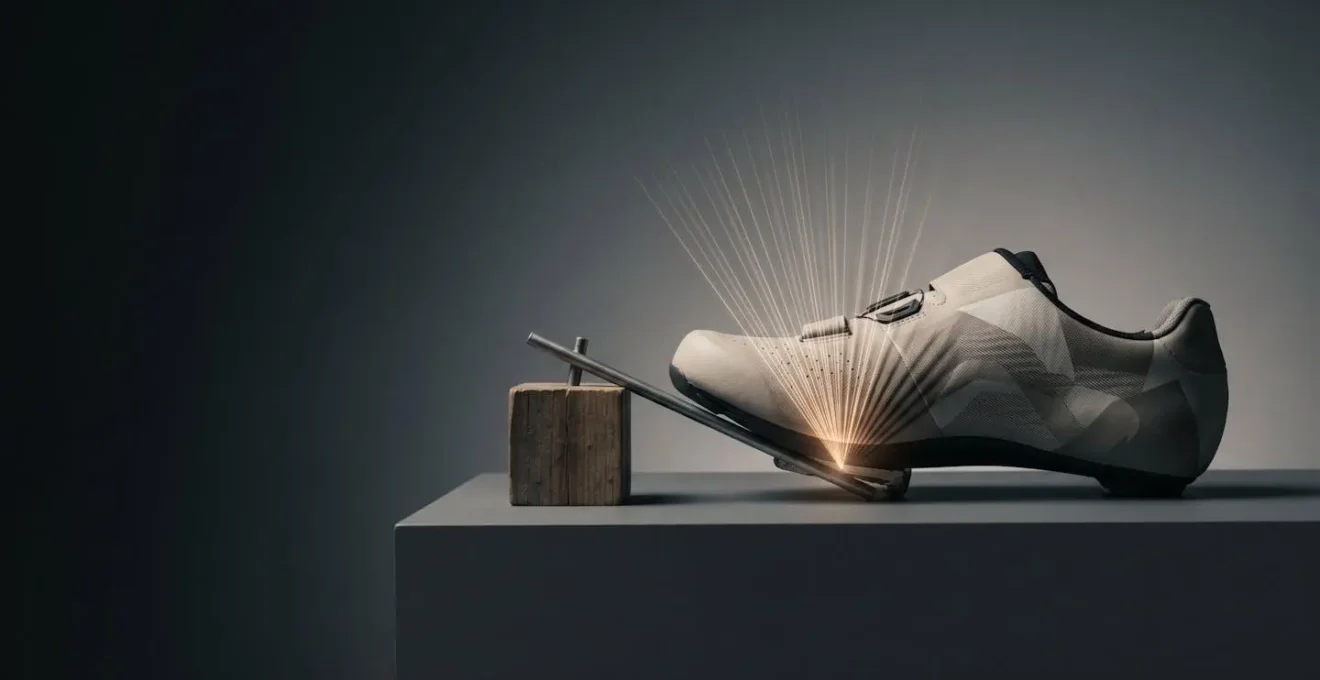 Conceptual representation showing cycling shoe cleat positioning impact on foot biomechanics and metatarsal pressure distribution