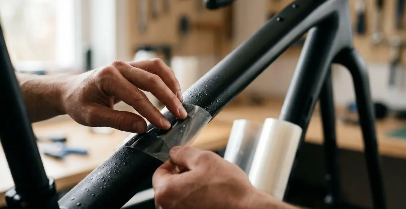 Hands applying clear protective tape to bicycle frame tube with precision