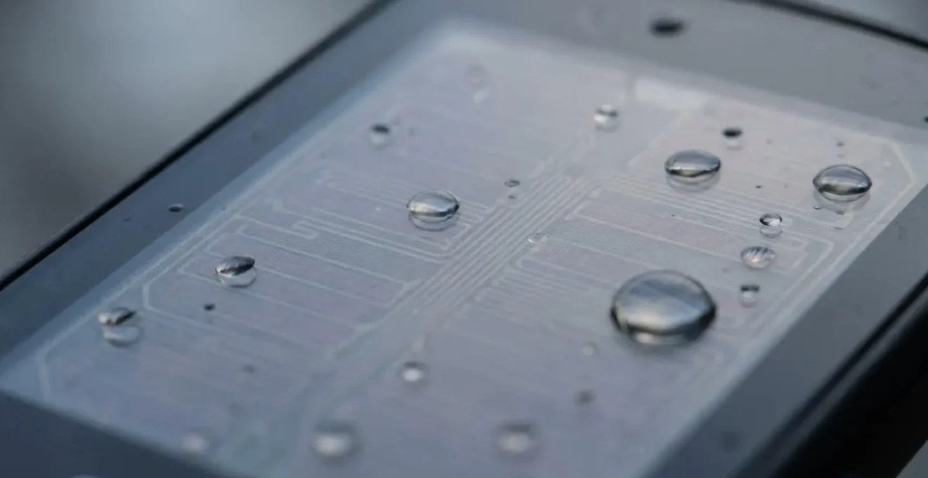 Close-up of bike computer solar charging panel under grey cloudy skies