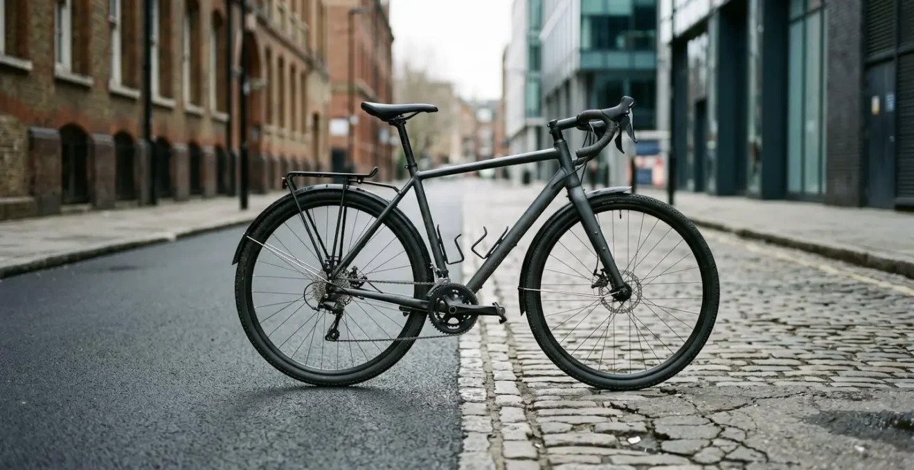 Versatile gravel bike positioned on mixed urban surface showing tyre clearance and practical commuter setup